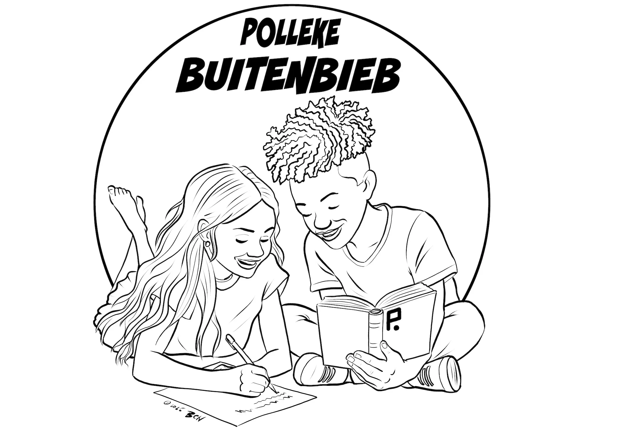 Zwart-wit lijntekening van lezende kinderen door Ben Art Work
