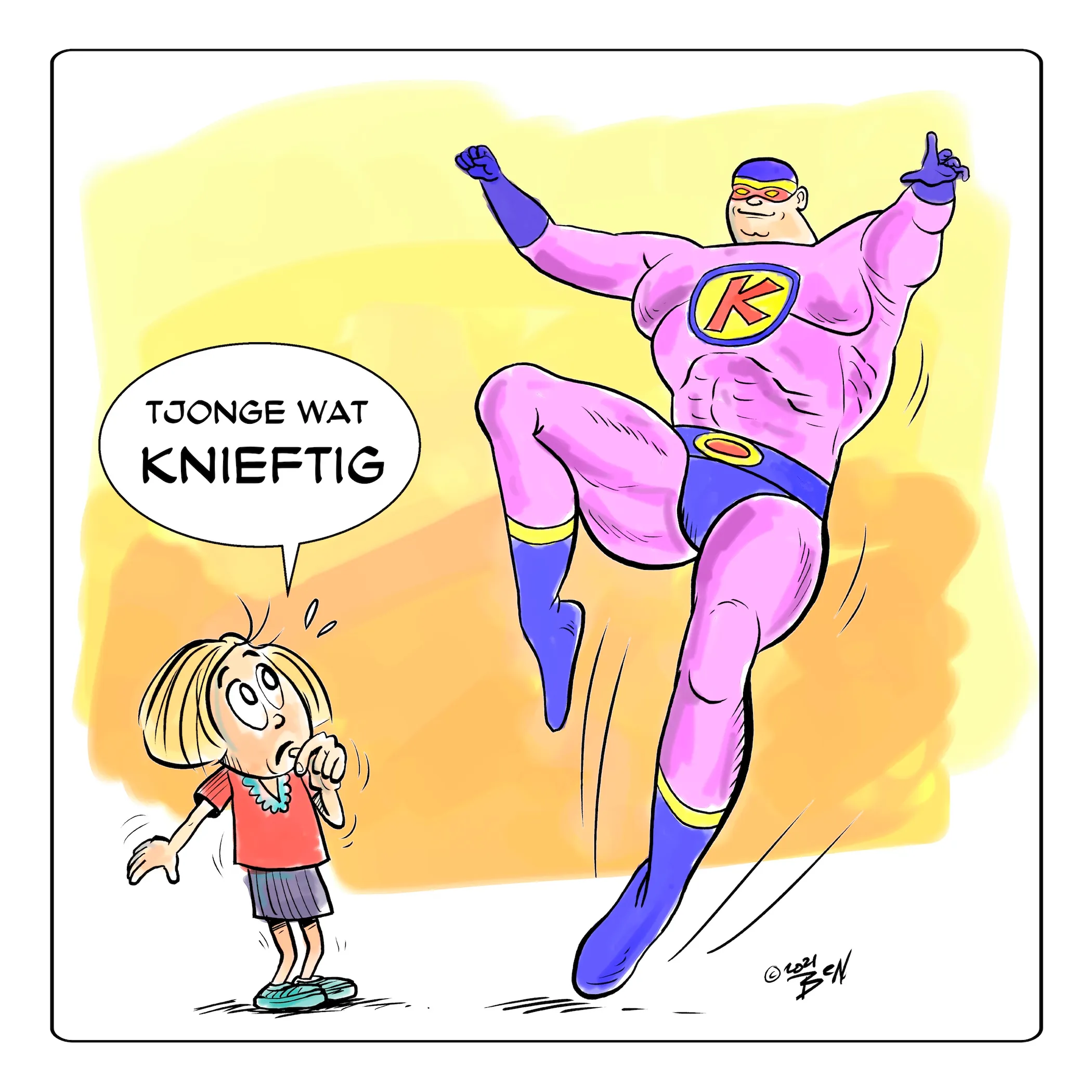 Cartoon met paarse superheld door Ben Art Work