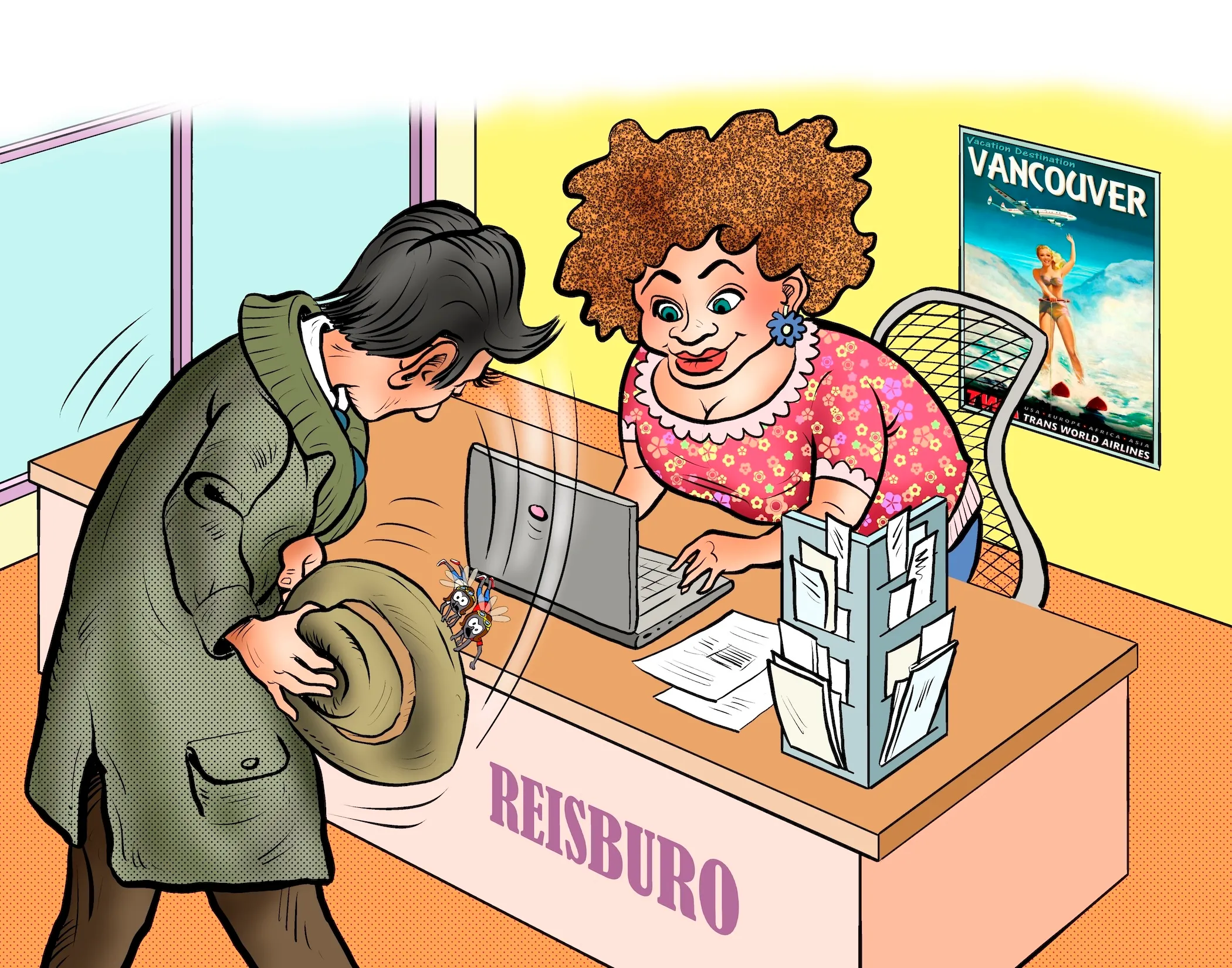 Kleurrijke illustratie van een druk reisbureau door Ben Art Work