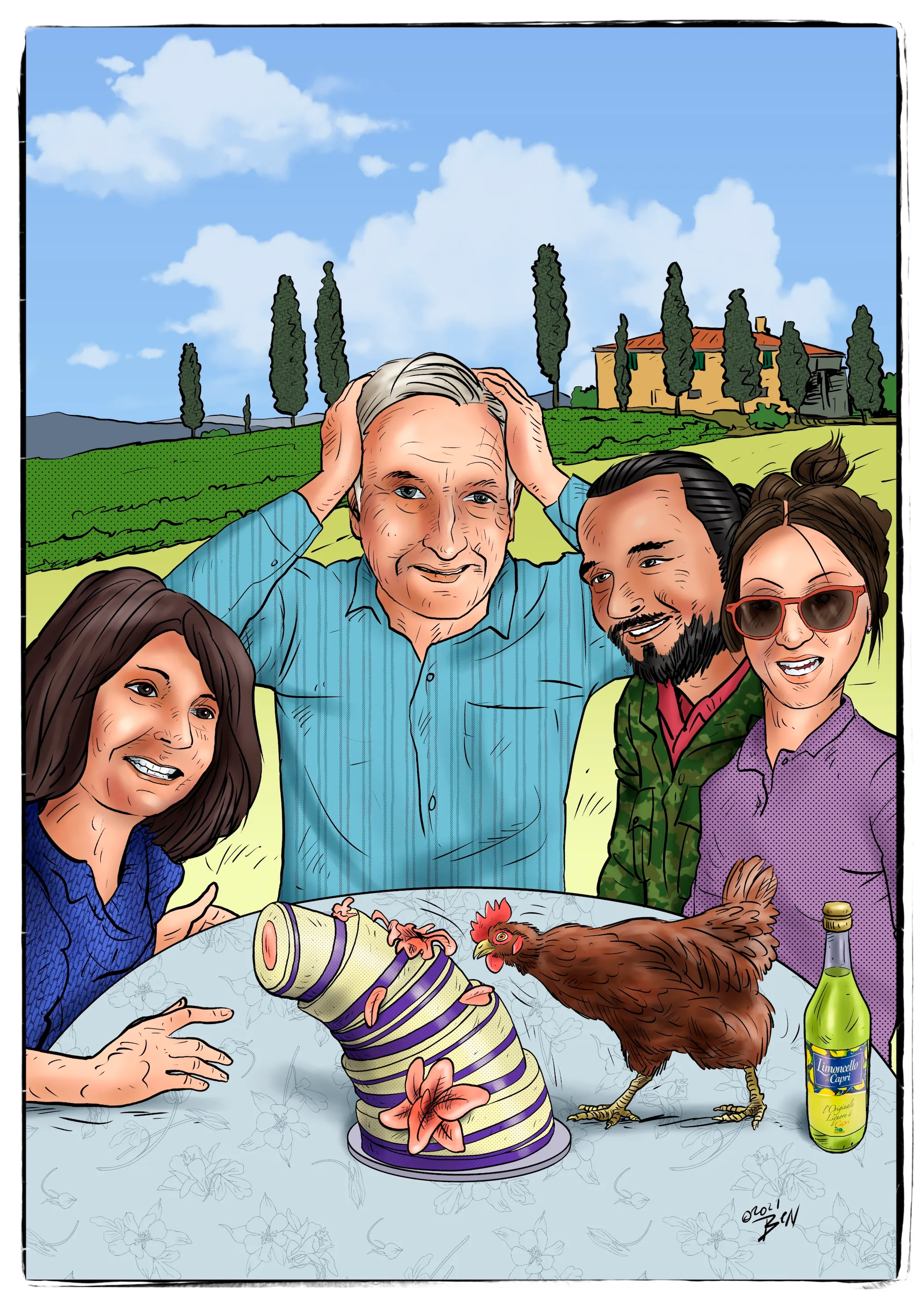 Familiekarikatuur in Italiaanse setting door Ben Art Work