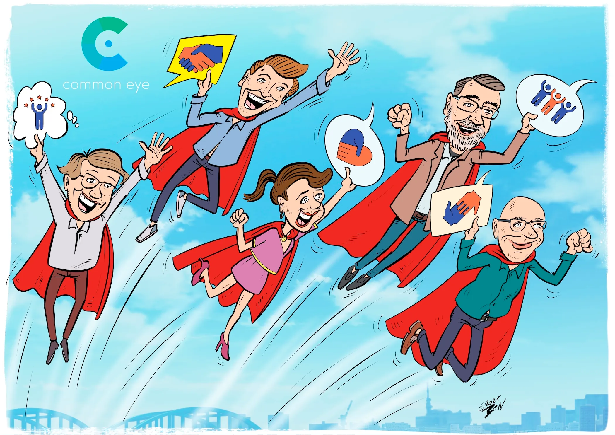 Cartoon op maat — vliegende superhelden voor Common Eye