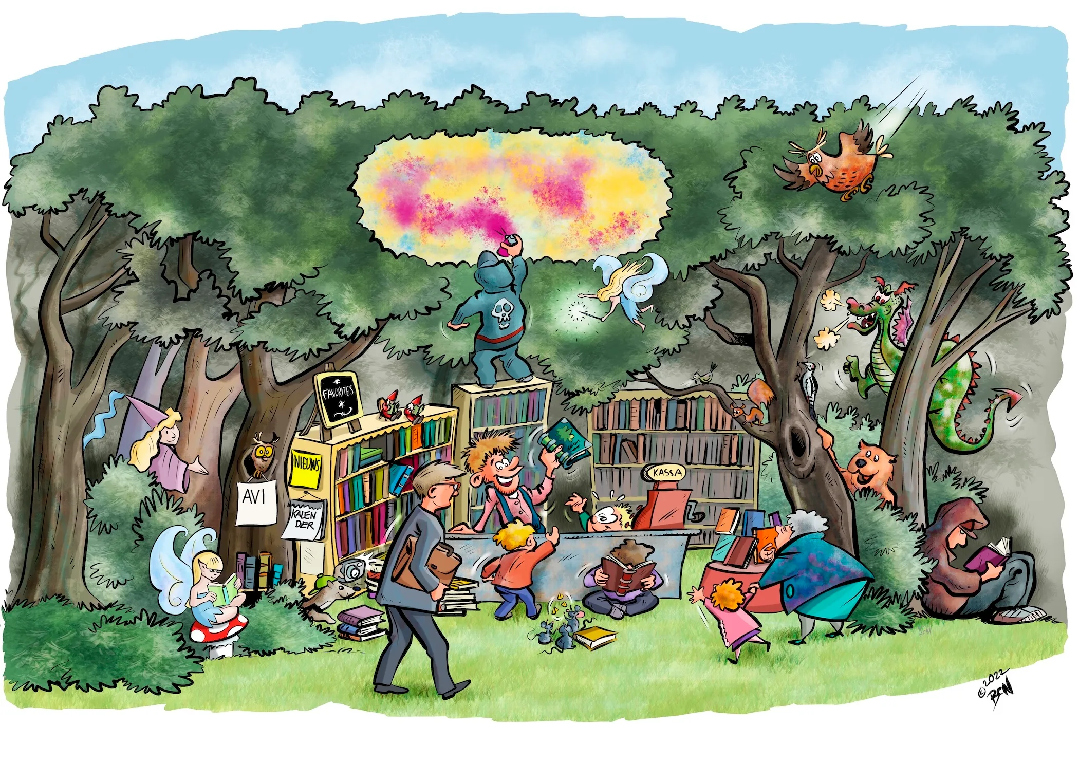 Verhalende illustratie — kinderen in een fantasiebos vol boeken en karakters
