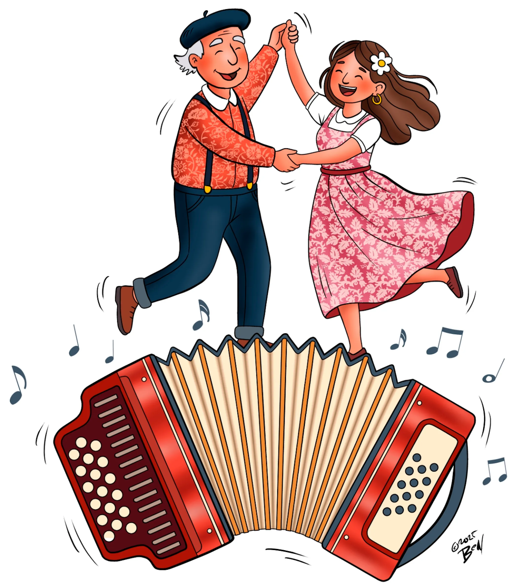 Kleurillustratie — dansend stel op een accordeon