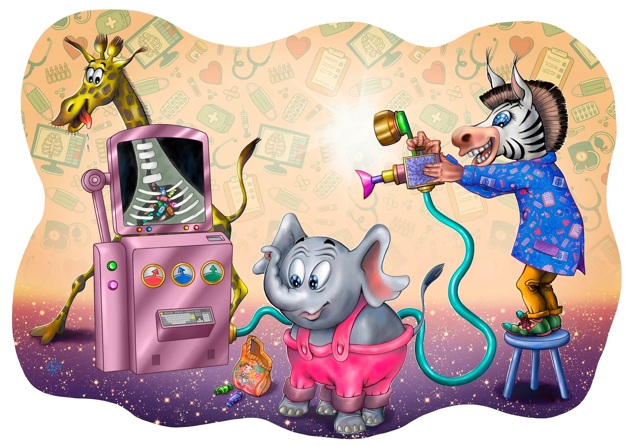Kinderillustratie: een zebra-dokter onderzoekt een olifantje
